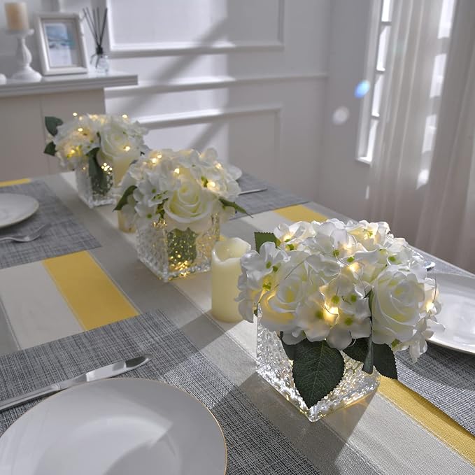 Fule Artificial Silk Rose Flower Centerpiece Arrangement in Glass Vase with LED Light for Home Wedding Decoration (White)