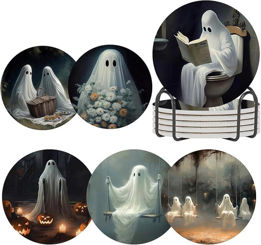 Halloween Ghost Coasters for Drinks Set of 6,Round Absorbent Ceramic Stone Coaster with Metal Holder Stand,Vintage Cute Ghost Art Coasters with Cork Base for Coffee Table,Parties,Gifts