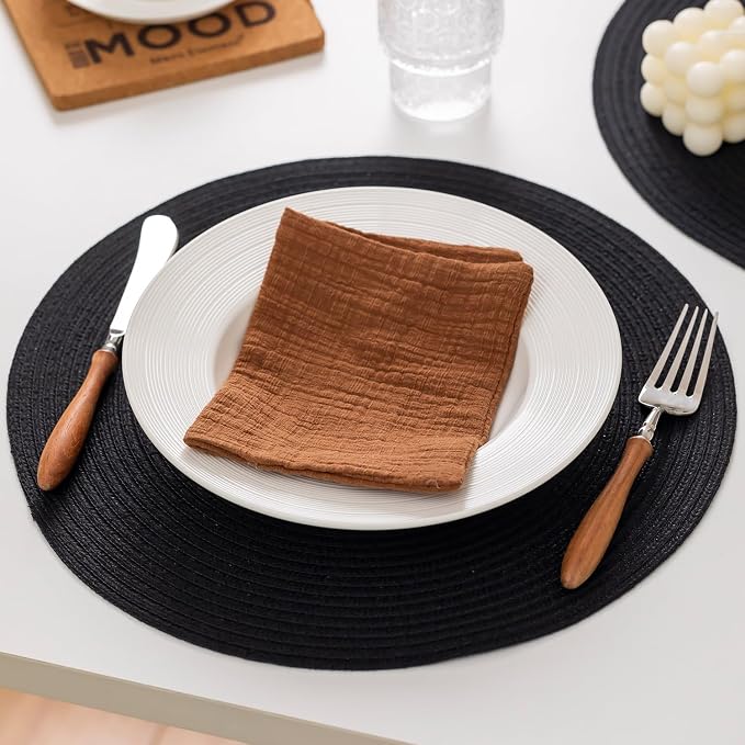 Round Placemats Set of 12 Woven Placemats Washable Braided Table Mats for Dining Table Heat Resistant Non-Slip Circle Place Mats(Black)