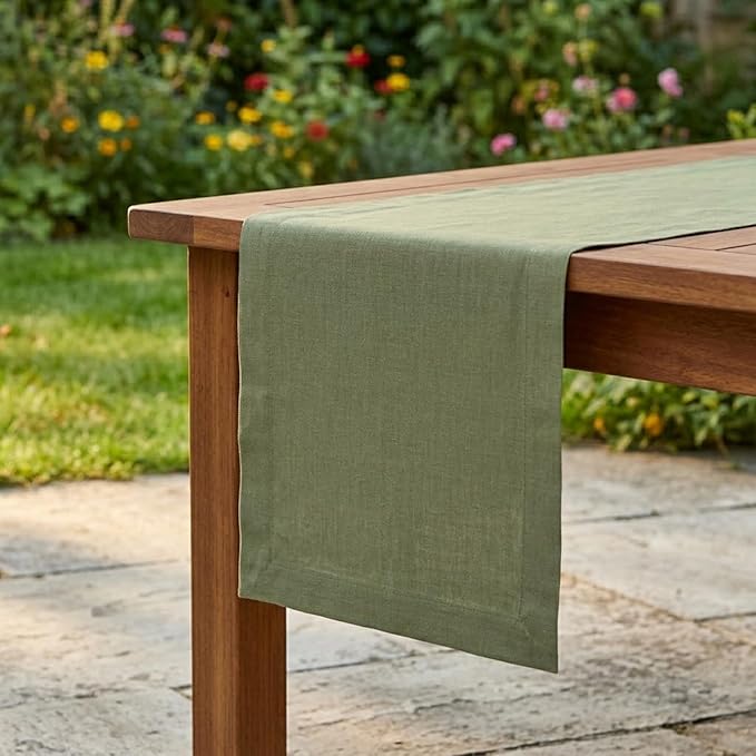 Solino Home Linen Oil Green Table Runner 120 Inches Long - 100% Pure Linen 14 x 120 Inch Table Runner for Spring, Summer - Fete