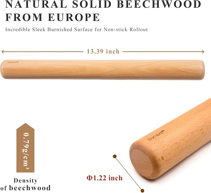 Bamber Wood Rolling Pin for Baking Small Wooden Rolling Dowel Stick Dough Roller for Cookie Dumpling Pastry Pizza Tortilla, 13.4'' by 1.2''