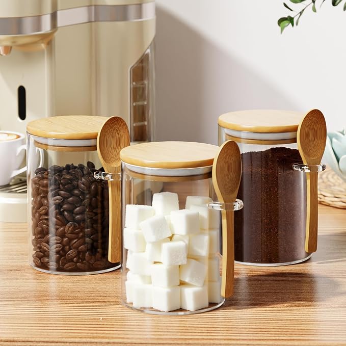 Glass Sugar Container with Spoon - 1 Pack 15oz Glass Jars with Bamboo Lid and Spoon, Bamboo Lid Storage Jar Containers for Coffee Beans, Spice, Brown Sugar, Tea, Flour, Nuts, Candy, Salts and More