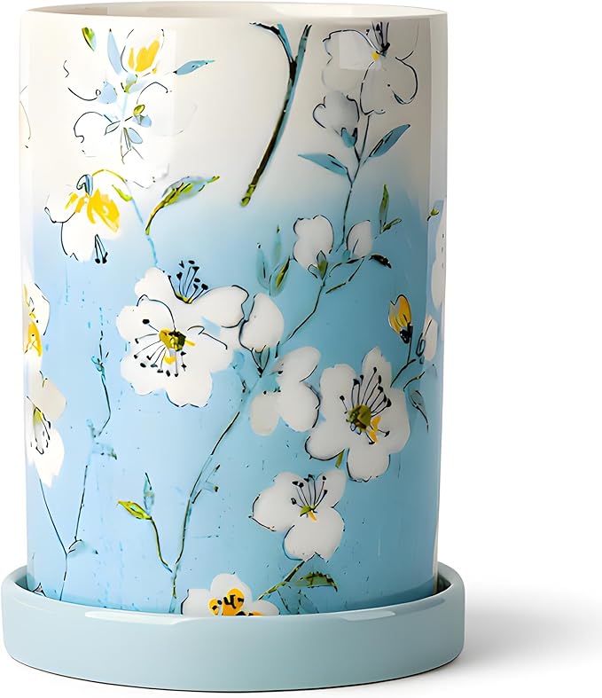 Utensil Holder for Kitchen Counter, Large Ceramic Utensil Holder Crock with Drain Tray, Hand-Painted Floral Rustic Farmhouse Kitchen Crock, Perfect for Women, Christmas, Hostess Gifts & Fall Decor