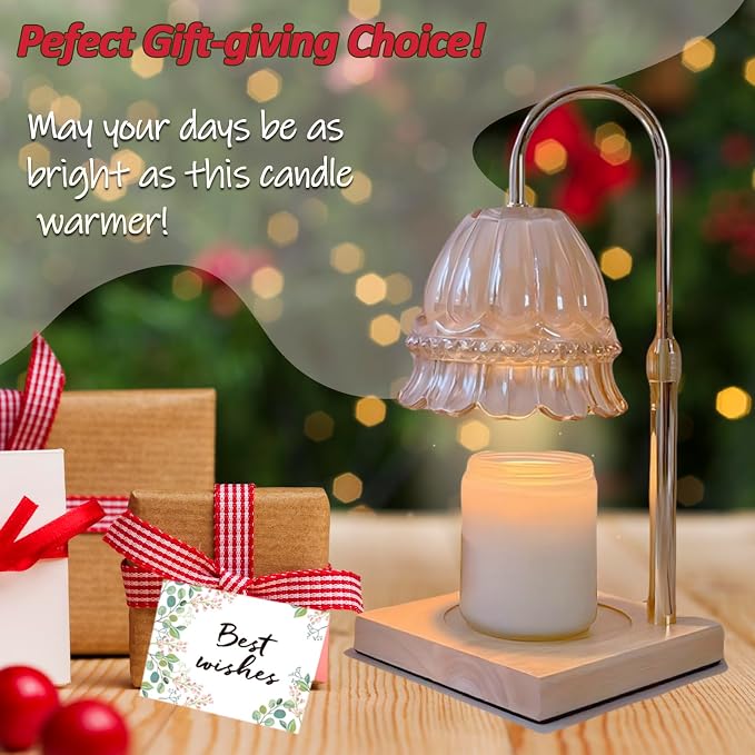 Glass Flower Lampshape Candle Warmer Lamp with Adjustable Height, Wax Burner Lamp with Timer and Dimmer, Wooden Base Candle Warmer, Women's Gifts (Amber)