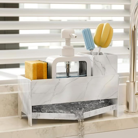 TIDIIABODE Sponge Holder for Kitchen Sink - White Marble Acrylic Sink Caddy with Brush Slot, Countertop Soap Organizer for Modern Kitchen, Self-Draining Storage Rack, 9.2" Large Capacity