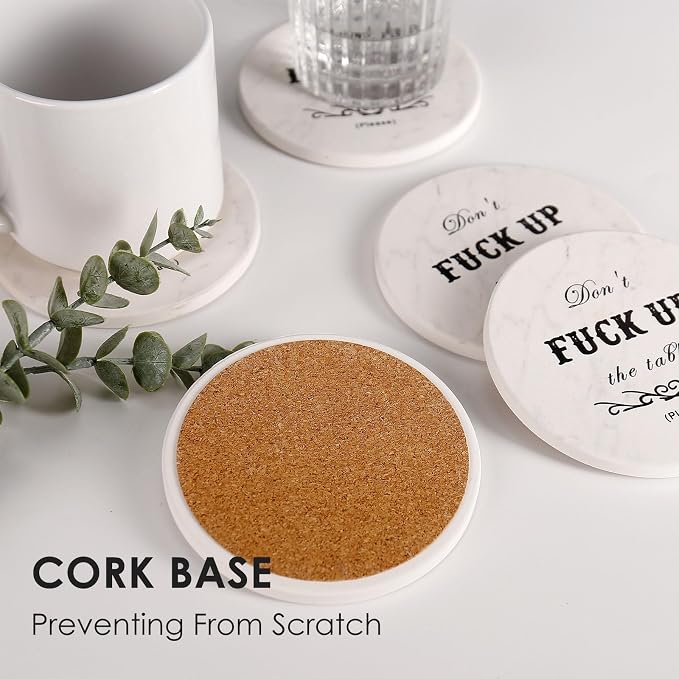 Funny Drink Coasters Ceramic Absorbent Coasters, Don't up The Table Unique Stone Drink Coaster with Cork Back for Coffee Table, Living Room, Family and Friends (Round-White, 6)