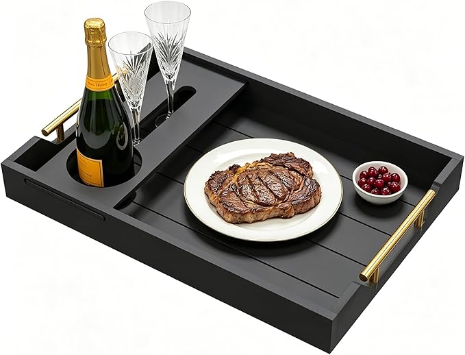 Serving Tray with Wine Glass Holder, Charcuterie Snack Tray with Handles for Wine, Cheese, Fruit and Nuts, Picnic Tray for Parties, Coffee Table and Entertaining