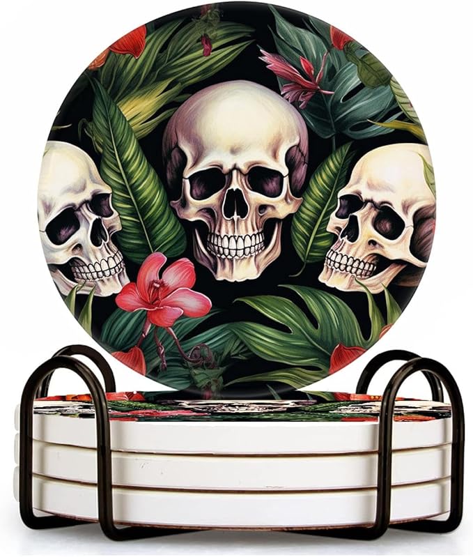 Tropical Plants Flower Floral Skull Multicolor Set of 4 Ceramic Coasters with Holder,Absorbent Drink Bar Coasters,Table Coasters