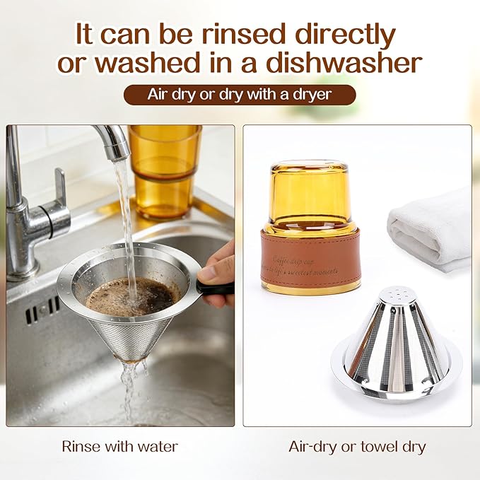 Single Serve Immersion Coffee Maker, Glass Pour Over Coffee Dripper with Reusable Stainless Steel Filter, Manual Coffee Brewer Cup for Home Office Travel-A