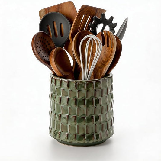 Utensil Crock Kitchen Utensil Holder, 5 Inches Small Ceramic Utensil Holder for Countertop, Unique Embossed Checkered Pattern, Seaweed Green Cooking Utensil Crocks for Kitchen, Home Decor Gift