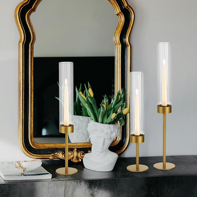Glass Hurricane Candle Holders Set of 18-Gold Metal Base Taper Candle Stick Holders for CandlesticksHolder Decor, Elegant Dining Table Centerpiece for Wedding, Christmas & Home Decor-Ribbed Glass