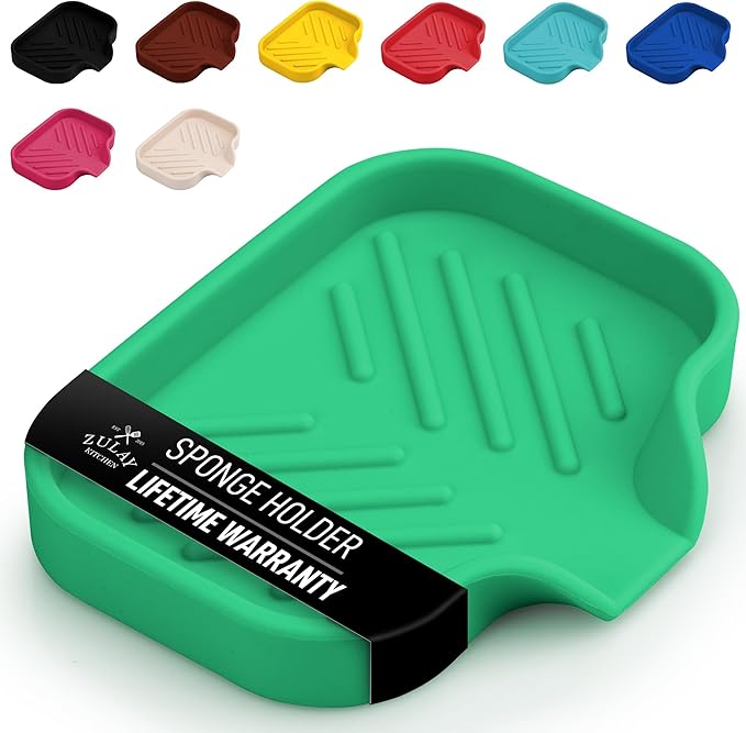 Zulay Kitchen Small Silicone Sponge Holder (4.9x3.3”) – Space-Saving Sink Organizer Tray for Sponge, Soap, Brush & More – Compact Non-Slip Dish for Kitchen & Bathroom (Carnival Glass)