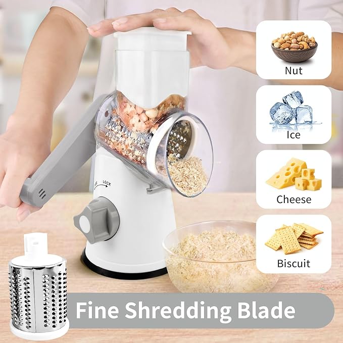 Rotary Cheese Grater, Manual Cheese Shredder with 3 Interchangeable Blades, Cheese Grater Hand Crank with Strong Suction Base, Easy to Use and Clean, White