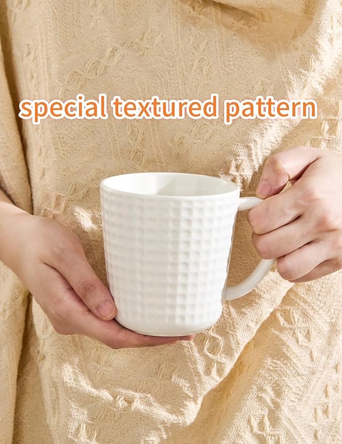 15 oz Ceramic Coffee Mugs Set of 6 - White Waffle Embossed Coffee Cups with Large Handle - Mugs for Latte, Cappuccino & Hot Cocoa - Dishwasher & Microwave Safe - Father's Day & Housewarming Gift