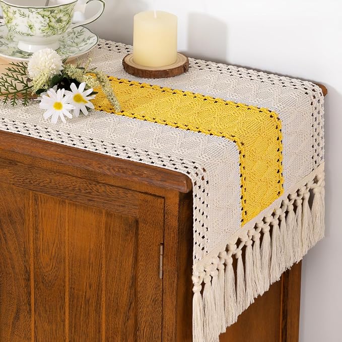 Socomi Boho Table Runner Summer Farmhouse Rustic Dining Kitchen Centerpiece Decor Small Macrame Woven Cotton Coffee Table Runner for Dresser Scarf Home Decor 12x72 in Yellow Gold Ivory