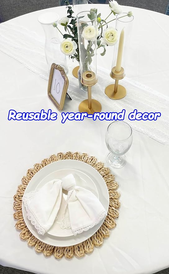 13.8" Set 4 Round Corn Husk Placemats | Boho Woven Rattan Table Mats | Natural Spring Farmhouse Plate Chargers | Handmade Rustic Wicker Place Mats for Christmas Wedding