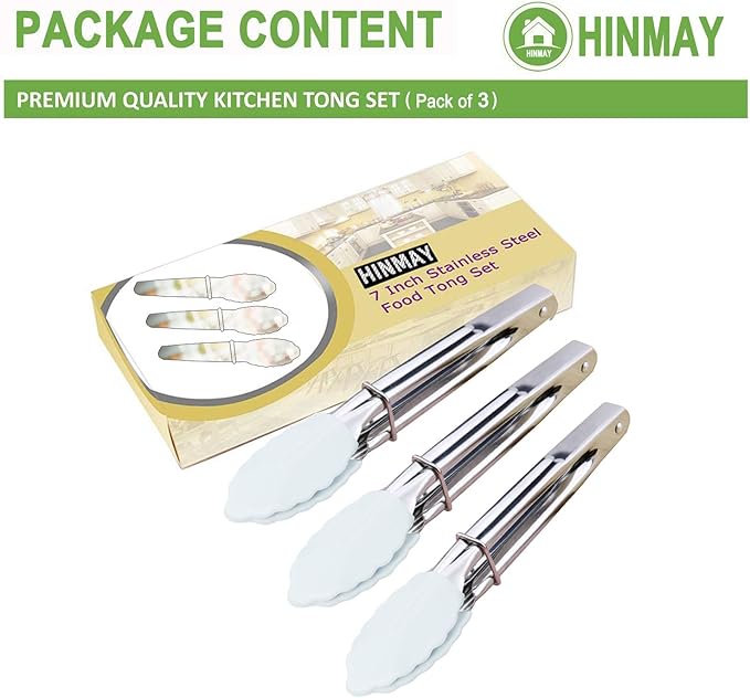 HINMAY Small Serving Tongs with Silicone Tips 7-Inch Mini Tongs, Set of 3 (White)
