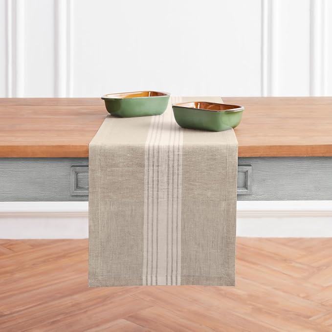 Solino Home Stripe Linen Table Runner 72 Inches Long - 100% Pure Linen White and Natural Farmhouse Table Runner 14 x 72 Inch for Dining, Dresser, Summer