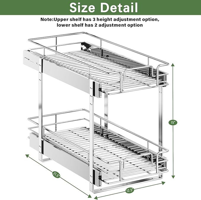 LOVMOR 2 Tier Individual Pull Out Cabinet Organizer 12½" W x 21½" D, Slide Out Kitchen Cabinet Storage Sliding Shelves