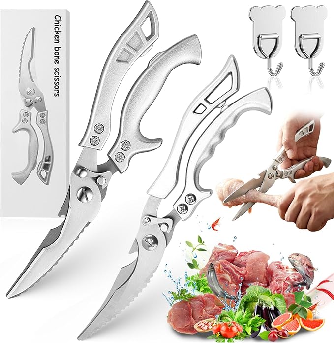 Upgrade Stainless Steel Bone-Cut Kitchen Scissors, Heavy Duty Kitchen Scissors, Professional Poultry Shears with Spring Loaded Handle for Bone, Meat, Chicken, Fish, Turkey, Vegetables (A+B)