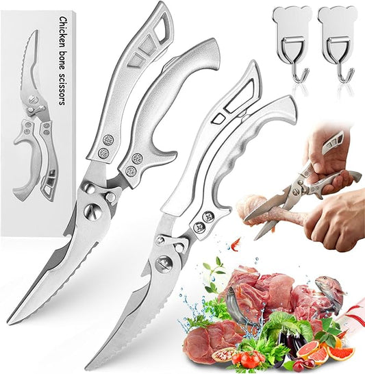 Upgrade Stainless Steel Bone-Cut Kitchen Scissors, Heavy Duty Kitchen Scissors, Professional Poultry Shears with Spring Loaded Handle for Bone, Meat, Chicken, Fish, Turkey, Vegetables (A+B)
