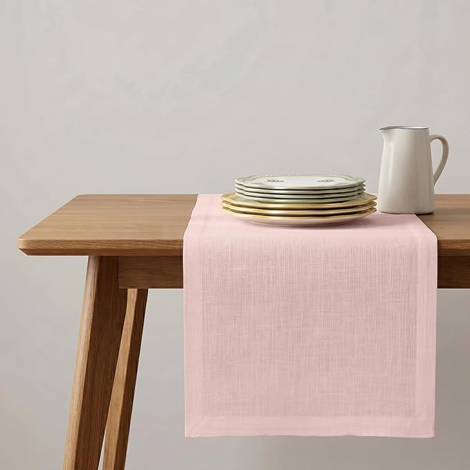 Solino Home Linen Pink Table Runner 60 Inches - 100% Pure Linen Small Table Runner 14 x 60 Inch Ideal for Dresser and Coffee Tables, Spring, Summer - Fete