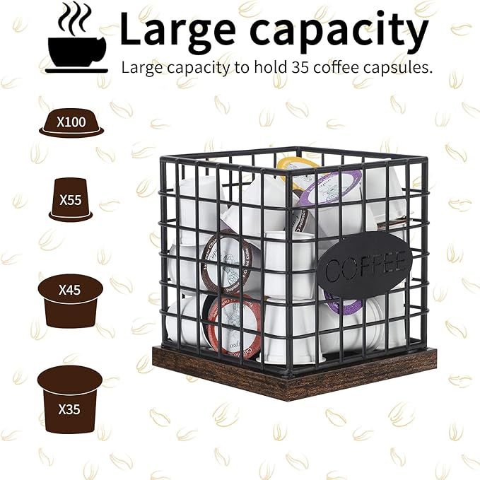 YINMIT K Cup Holder Organizer, Sturdy Coffee Pod Holder Organizer, 35 Kcup Large Capacity Storage Basket for Kitchen Counter and Office Desktop (Square Grid)