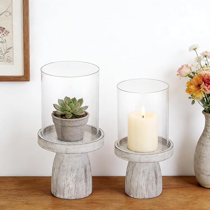 4" & 5" Glass Hurricane Candle Holders with Distressed White Solid Wooden Base in Set of 2, Decorative Centerpiece for Home, Coffee Table, Fireplace Mantel, Wedding, Modern Farmhouse Style