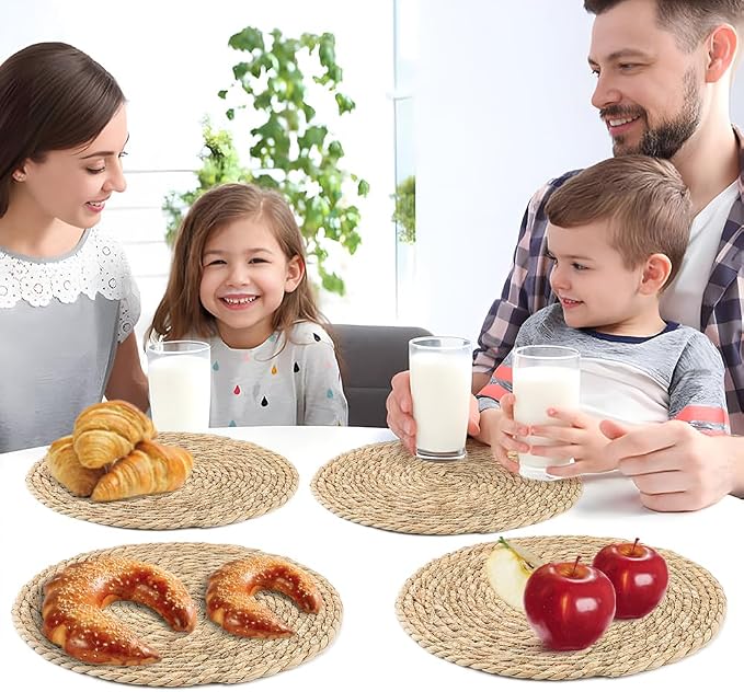 6Pcs Round Woven Placemats - 12 Inch Rattan Non-Slip Wicker Farmhouse Weave Place Mats - Natural Hand Woven Chargers for Dining Table, Home, Wedding