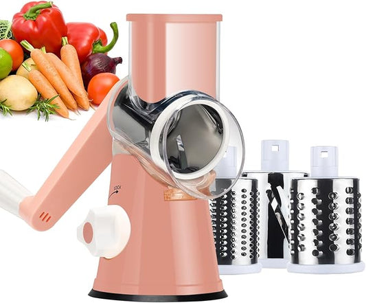 Ourokhome Rotary Cheese Grater Hand Crank, Kitchen Shredder Speed Mandolin Slicer Nuts Grinder with Handle and Drum Blades for Cheese, Vegetable, Walnuts, Chocolate, Potato, Carrot, 3 Blades, Pink
