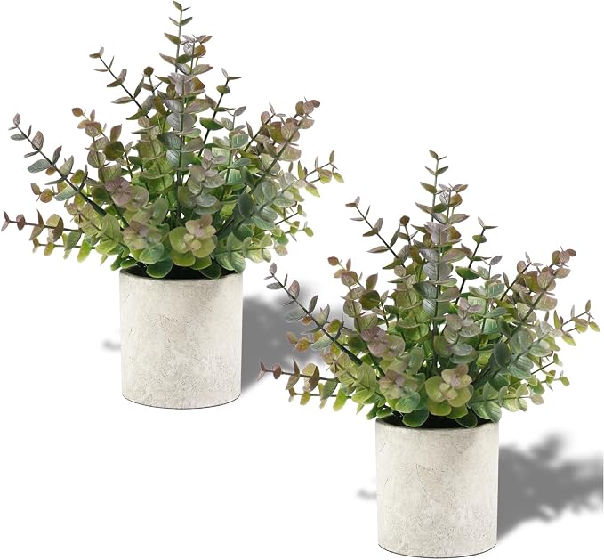 Coferset 2 Pack Small Fake Plants Christmas Greenery Eucalyptus Potted Artificial Plants for Shelf Desk Home Bathroom Farmhouse Room Coffee Table Decor Christmas Decor(Purple)