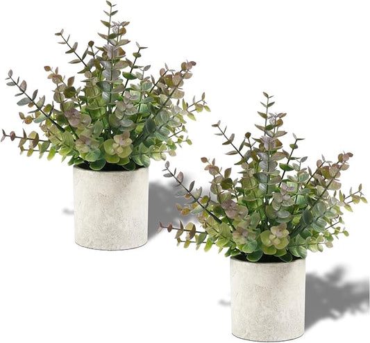 Coferset 2 Pack Small Fake Plants Christmas Greenery Eucalyptus Potted Artificial Plants for Shelf Desk Home Bathroom Farmhouse Room Coffee Table Decor Christmas Decor(Purple)