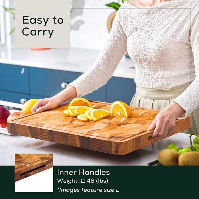 EZ FURNITURE Small (S) Teak Edge Grain Cutting Board, Reversible, Knife-Friendly Charcuterie Wood Cutting Board, Juice Groove & Handles, Non-Toxic, Gift Box Included (Herringbone, 14" x 10" x 0.7")