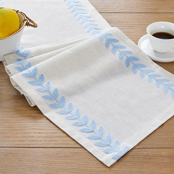 Wracra Embroidered Table Runner Irregular Willow Leaf Table Runners 72 Inches Long for Dresser Home Dining Table Decor,14 x 72 Inch, Blue