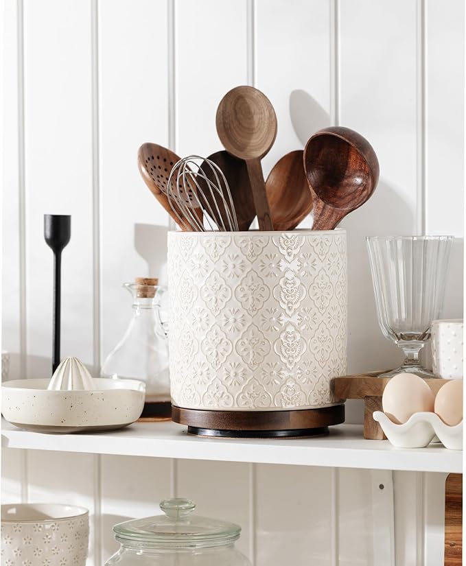 Kitchen Utensil Holder, 360° Rotating Extra Large Ceramic Utensil Holder with Embossed Pattern, 7.3” Cooking Utensil Crocks for Kitchen Countertop, Home Decor, Off-White