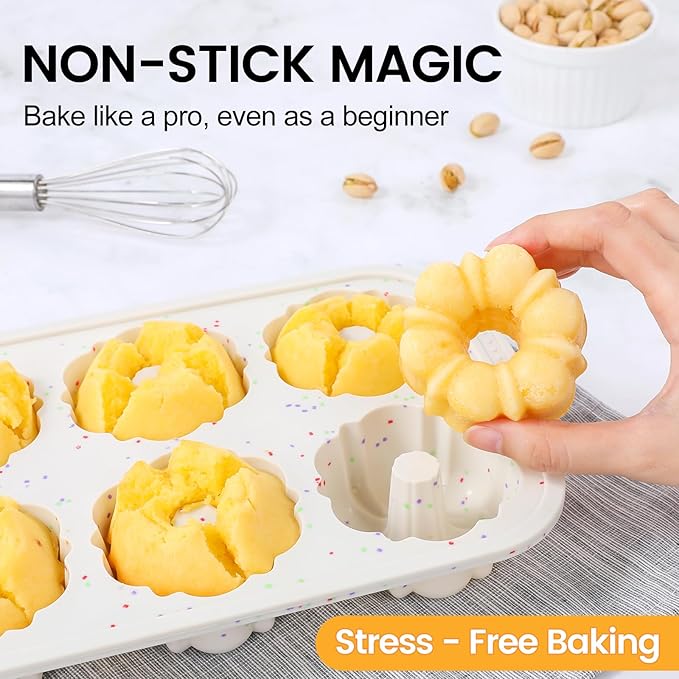 CAKETIME Mini Fluted Tube Pan with Metal Reinforced Frame, 6-Cavity Silicone Nonstick Small Cake Molds 2Pcs for Chocoflan, Donuts, Cornbread, Brownies, Jellies BPA Free