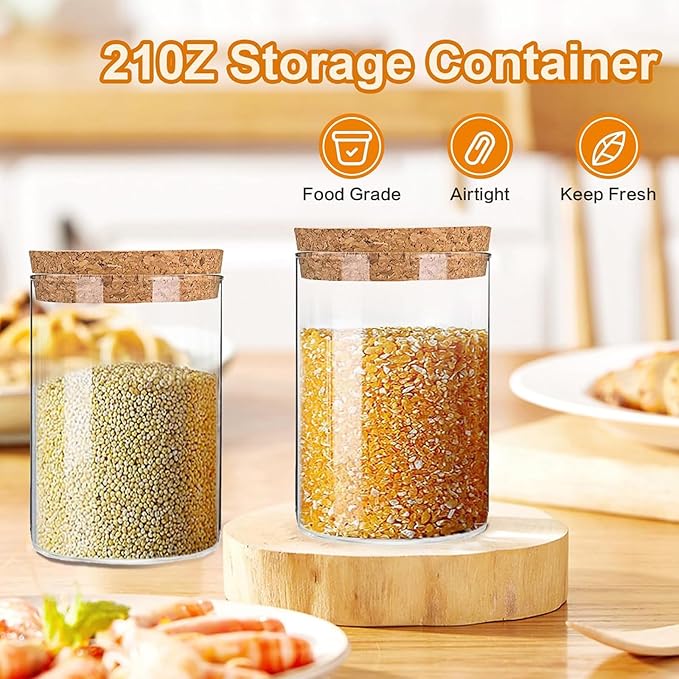 Airtight Glass Storage Containers with cork Lid, for Kitchen Pantry Organization and Storage jar，Ideal for Coffee Beans Snacks Flour Cereal Sugar Tea 21oz. (Circular 4.7 * 3.3in*4pcs)