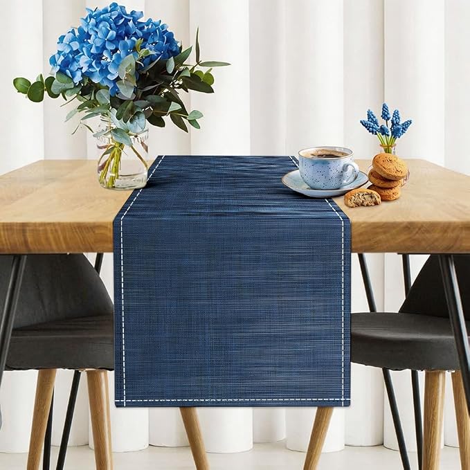 Niviy Dark Blue Table Runner, 12x72 Inch Washable Easy to Clean Farmhouse Navy Blue Table Runners for Holiday Party Kitchen Dining Room Decoration