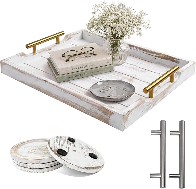 Wood Serving Tray with Metal Handles, 17x13in Large Wooden Tray for Ottoman, Coffee Table, Breakfast, Dinner & Bar, Decorative Tray for Living Room, Bedroom, Bathroom and Kitchen, Off-White