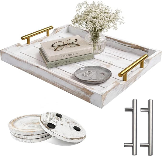 Wood Serving Tray with Metal Handles, 17x13in Large Wooden Tray for Ottoman, Coffee Table, Breakfast, Dinner & Bar, Decorative Tray for Living Room, Bedroom, Bathroom and Kitchen, Off-White