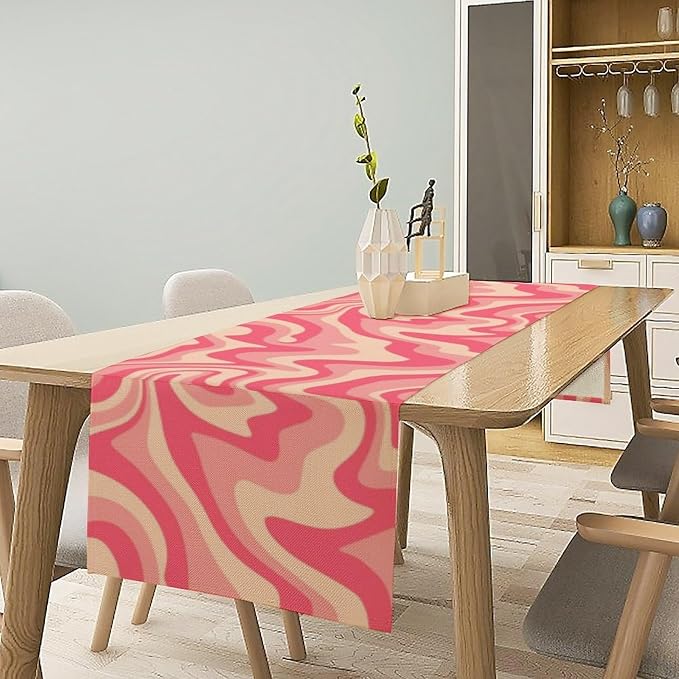 Retro 70s Groovy Table Runner,Vintage Abstract Modern Art Pink Boho Spiral Swirl Waves Farmhouse Country Dinner Runner for Home Kitchen Dining Table Party Holiday Decor 13"x90"