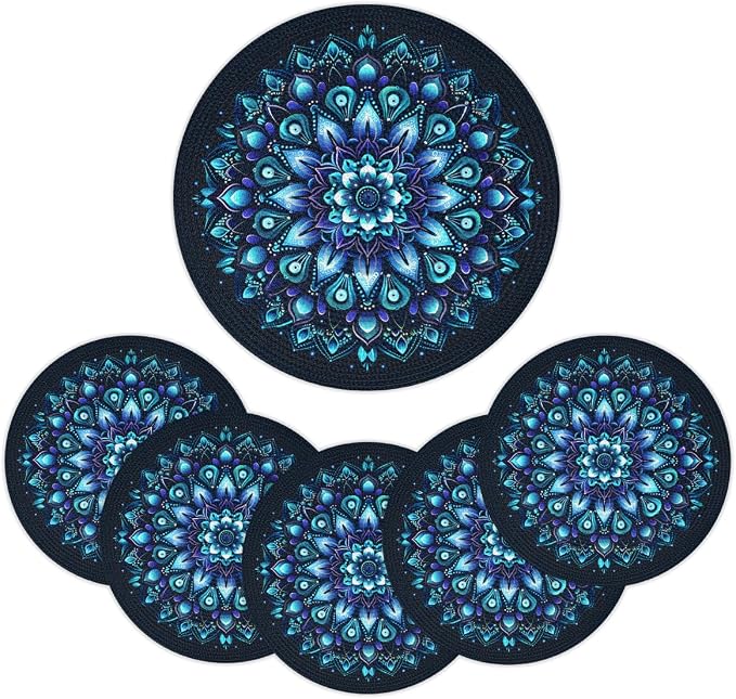 Round Placemats Set of 6, Ethnic Mandala Flower Teal Woven Placemats Mats Non-Slip Heat Resistant Washable Table Mats Round Braided Place for Farmhouse Kitchen Dining Party Decor 15in