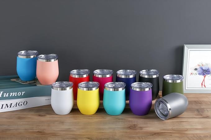 12 oz Stainless Steel Wine Tumbler Stemless Glasses with Lid, Double Wall Insulated Travel Mug Perfect for Wine, Coffee, Drinks, Champagne, Cocktails, Colorful (Indy Pink)