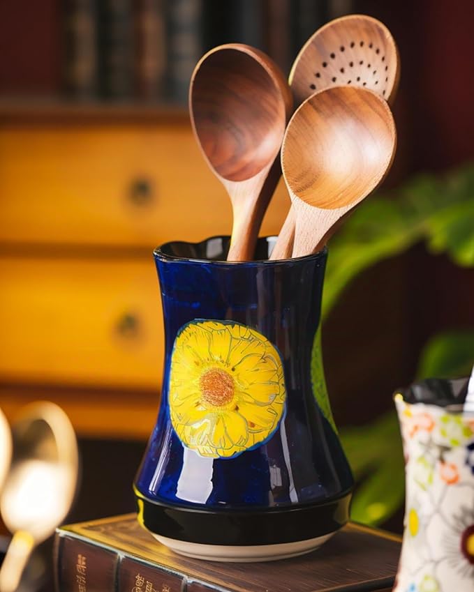 Utensil Holder for Kitchen Counter, Large Ceramic Utensil Holder Crock with Drain Tray, Hand-Painted Floral Rustic Farmhouse Kitchen Crock, Perfect for Women, Christmas, Hostess Gifts & Fall Decor