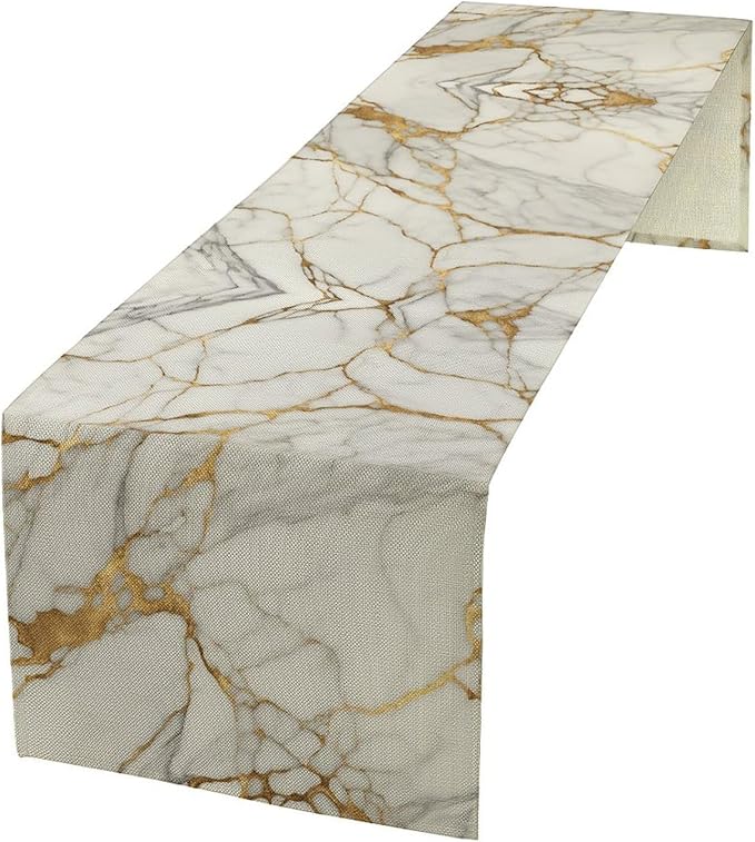 Marble Table Runner, Abstract White and Gold Modern Luxury Texture Printed Linen Table Runners for Living Room Kitchen Dining Room Party Holiday Home Decor 13" W x 60" L