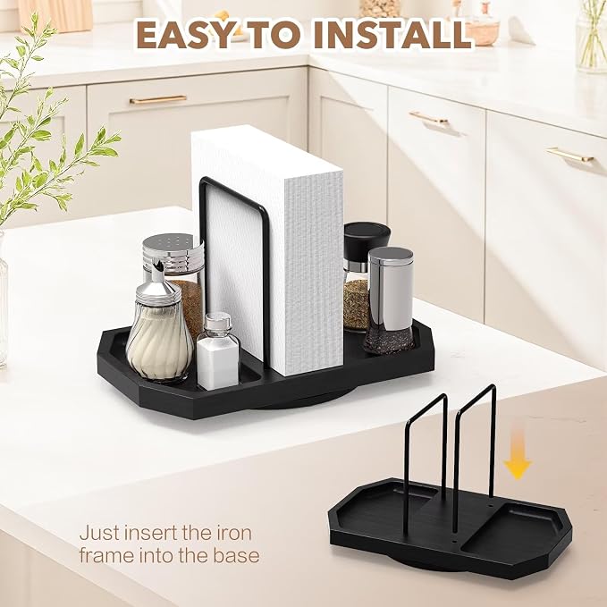 Napkin Holder for Table, Rotating Napkin Dispenser with Salt and Pepper Shakers Storage, Standing Paper Napkin Organizer for Kitchen Dining Table Decor (1, Black)
