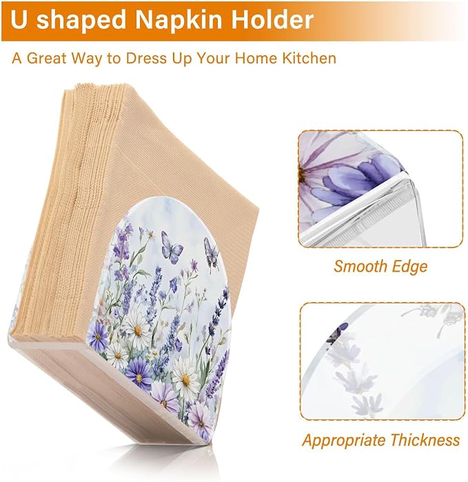 Spring Wild Flowers Purple Butterfly Napkin Holder for Tables Paper Cocktail Napkin Holders for Kitchen Dinning,Acrylic Dinner Napkin Dispenser for Restaurant Home Decor Bar Accessories 2 Pack