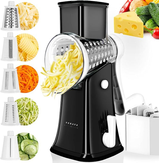 Rotary Cheese Grater, 5 in 1 Rotary Grater, Replaceable Stainless Blades Cheese Shredder, Cheese Slicer, Cheese Grater Hand Crank, Easy to Clean Kitchen Gadgets with Storage Box