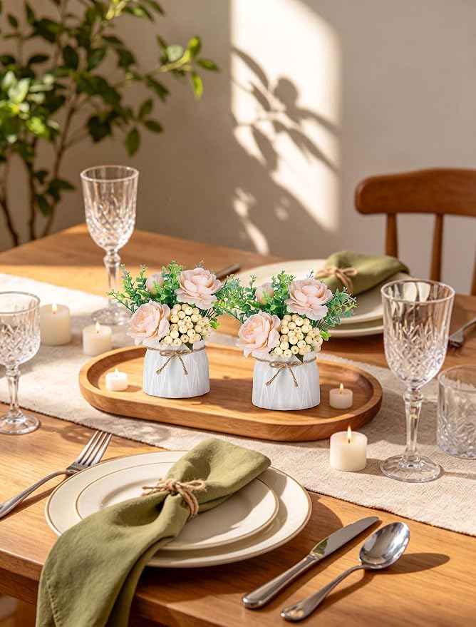 BLOSMON Table Decor Artificial Flowers Vase 7 Inch Small Fake Champagne Flower Arrangement 2pcs Floral Arrangement for Tables centerpieces Kitchen Dining Room Decorations Flower in Vase Silk Roses