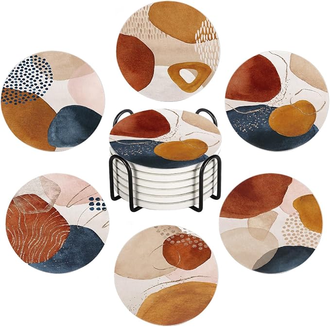 Drink Coasters for Drinks Set of 6, Terracotta Navy Orange and Gold Abstract Modern Art Absorbent Round Ceramic Stone Mat Coaster, with Cork Base and Metal Holder, Home Bar Decor House Warming Gift